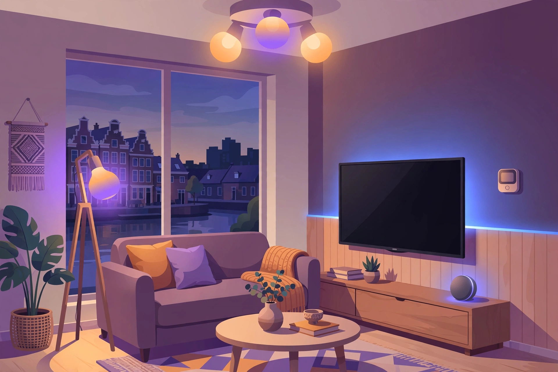 Illustratie van een sfeervolle woonkamer met slimme verlichting