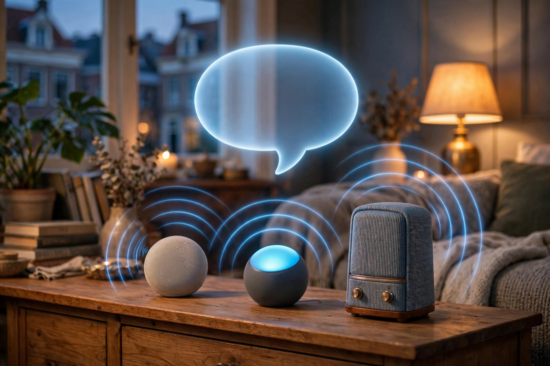 Illustratie van drie smart speakers in een woonkamer met een gloeiende spraakassistent