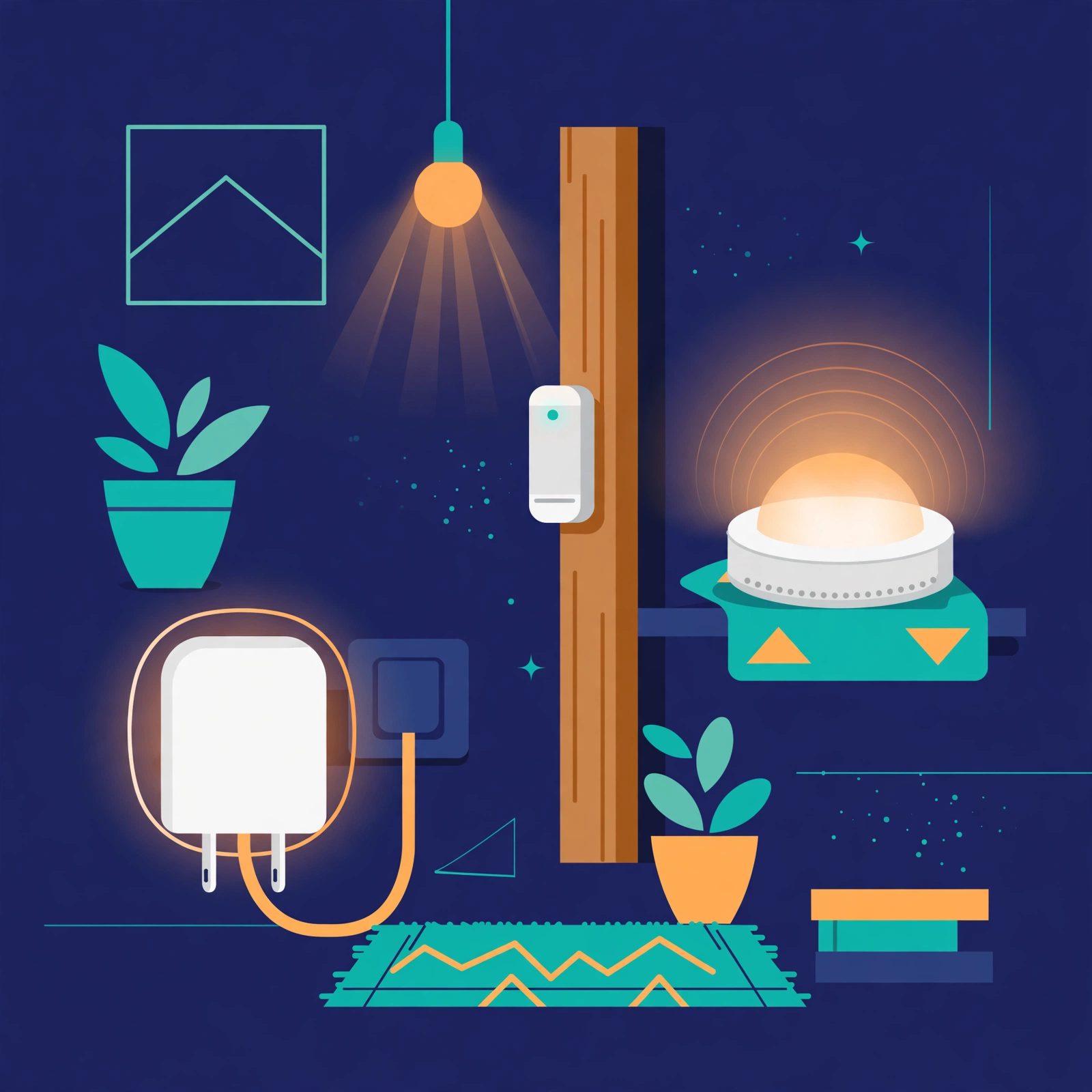 Illustratie van een slimme stekker, deursensor en smart-home hub in een woonkamer